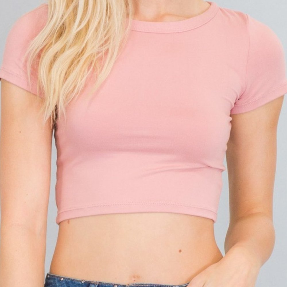 Mauve Round Neck Stretch-knit Crop Top - #H17